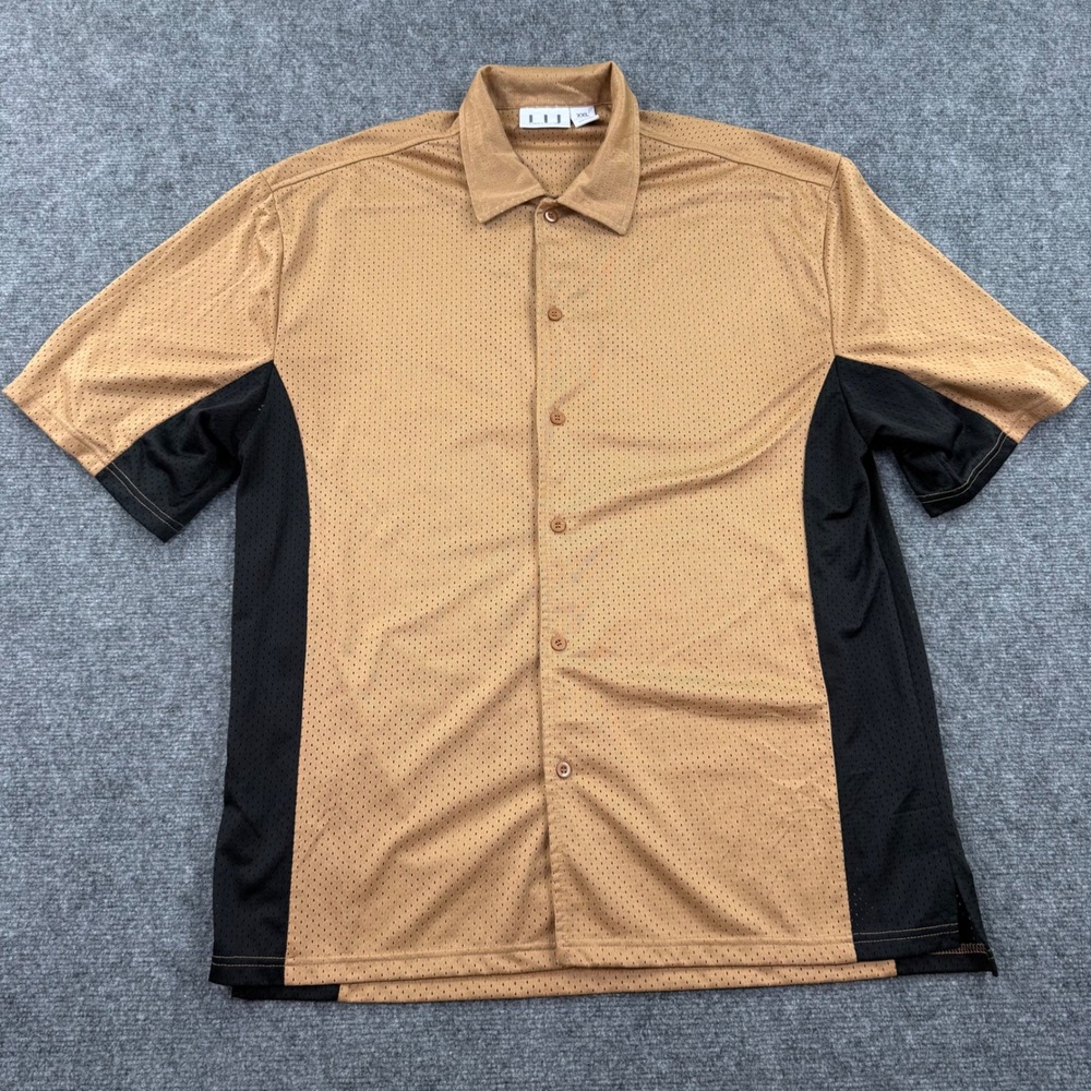 Linea Uomo Button Down Shirt XXL Tan Black Mesh Colorblock Short Sleeve Mens